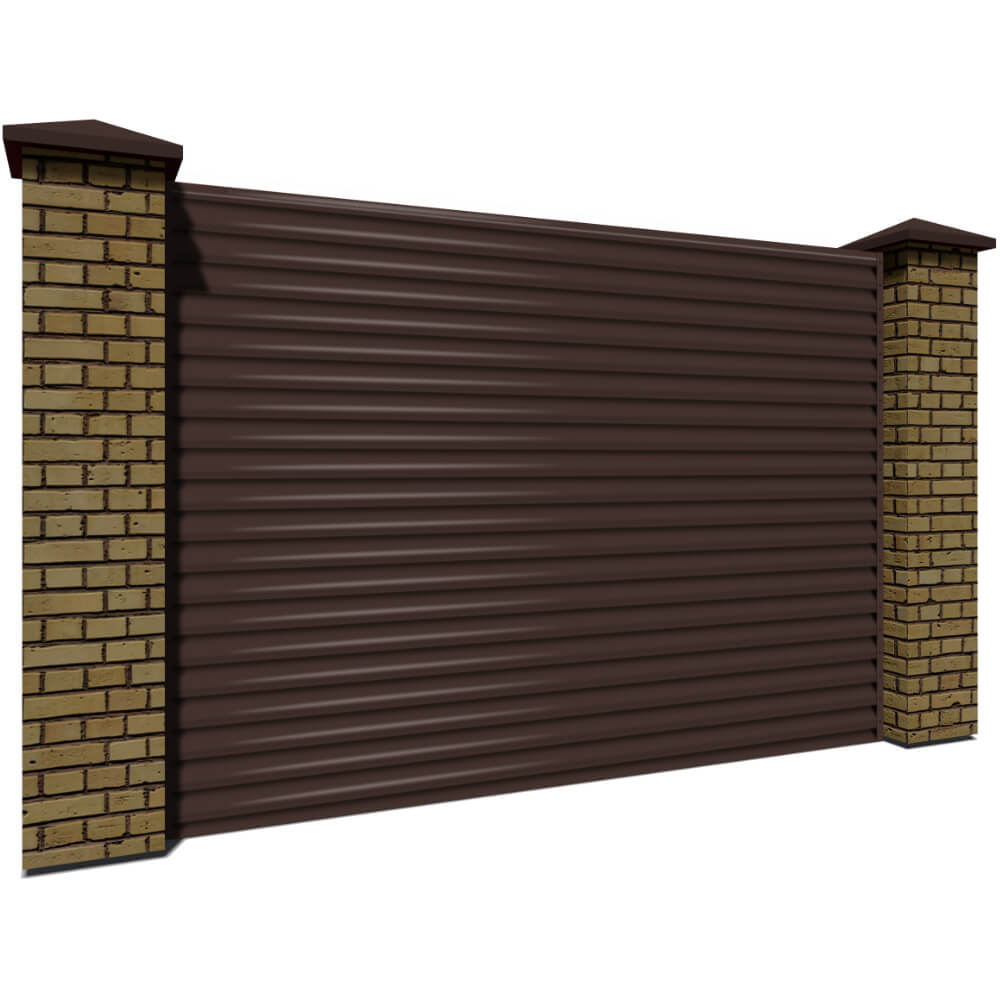 Секция забора жалюзи из ламелей еврожалюзи RAL8017 Коричневый Шоколад с кирпичными столбами