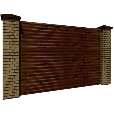 Секция забора жалюзи из ламелей еврожалюзи под дерево Каштан с кирпичными столбами