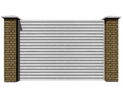 Секция из ламелей Еврожалюзи для заборов типа жалюзи цвет Printech под дерево Беленый Дуб двусторонний с кирпичными столбами анфас