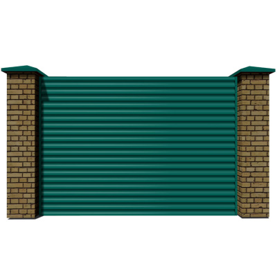 Секция забора жалюзи из ламелей еврожалюзи RAL6026 Опал с кирпичными столбами анфас